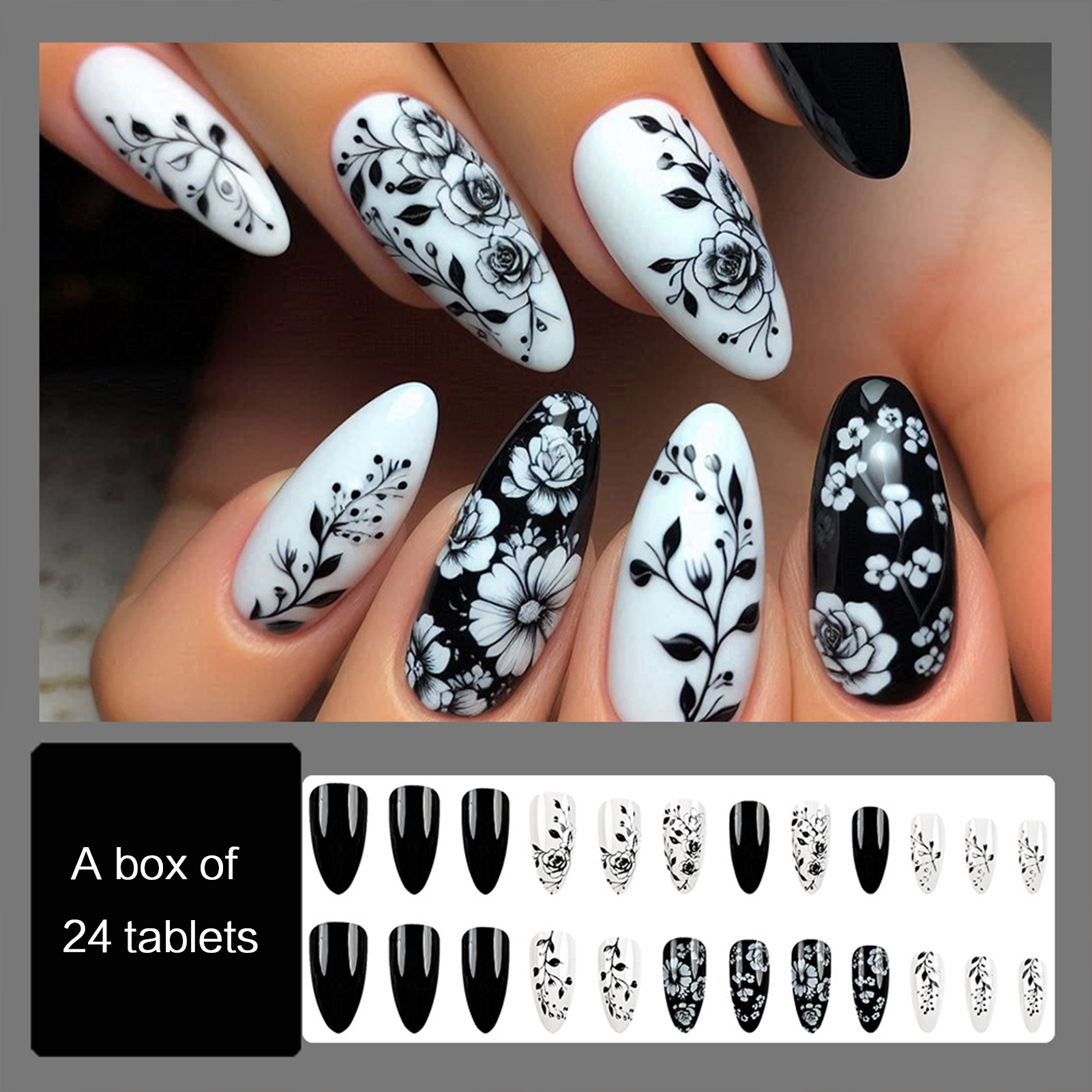 24Pcs Almond Fake Nails Black/ - Pressed Flower Art ulasan dan harga