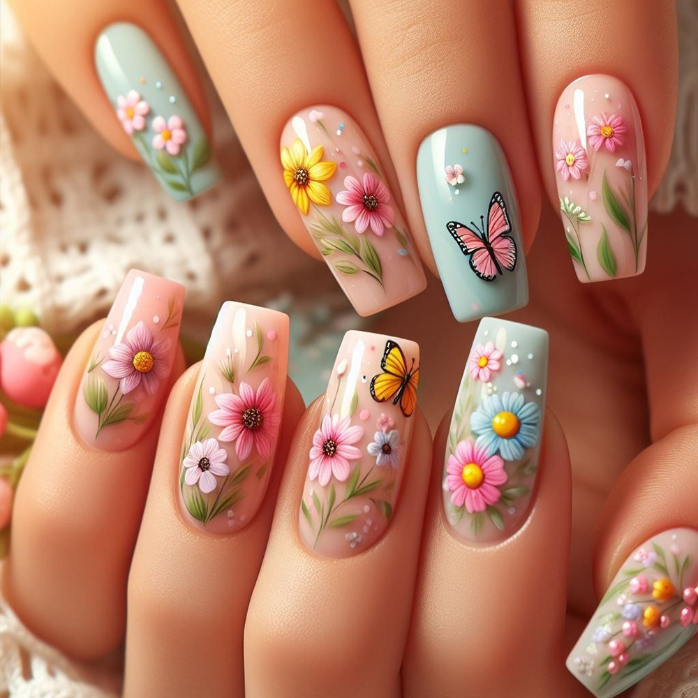 Medium long fake nails gradien - Pressed Flower Art ulasan dan harga