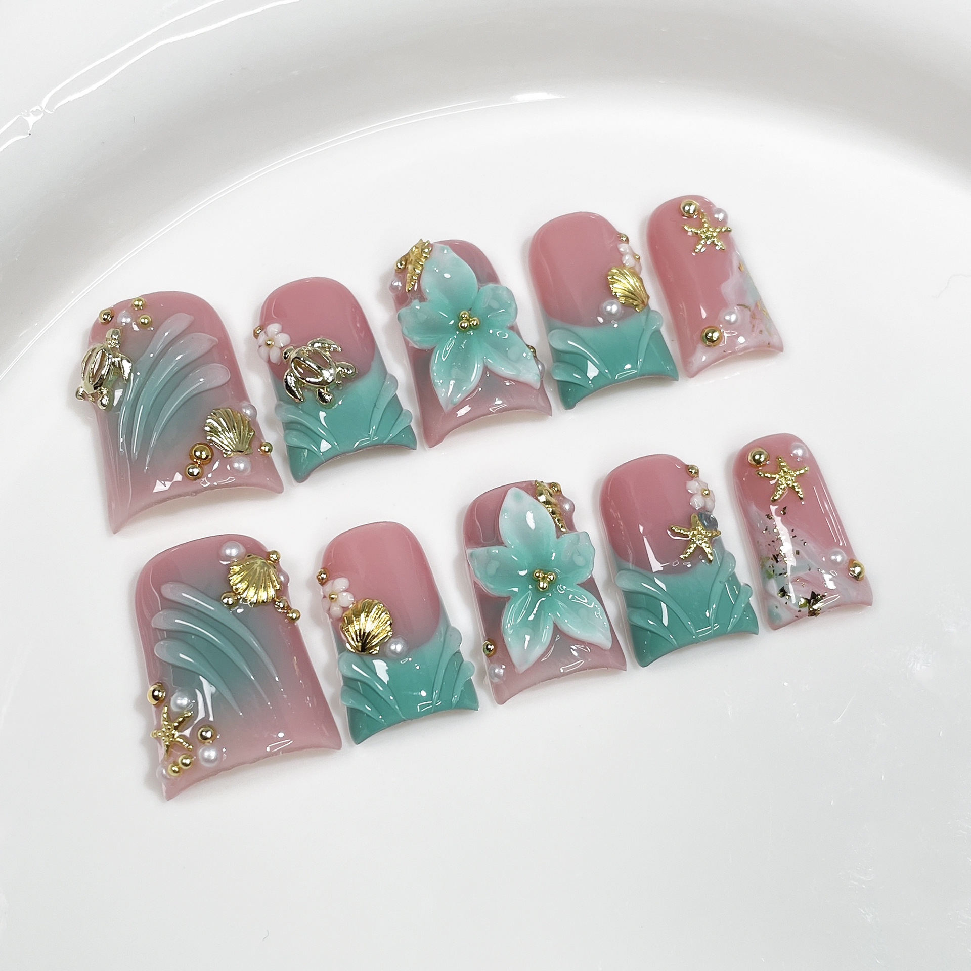 10pcs Ocean Style Fake Nails D - Pressed Flower Art ulasan dan harga