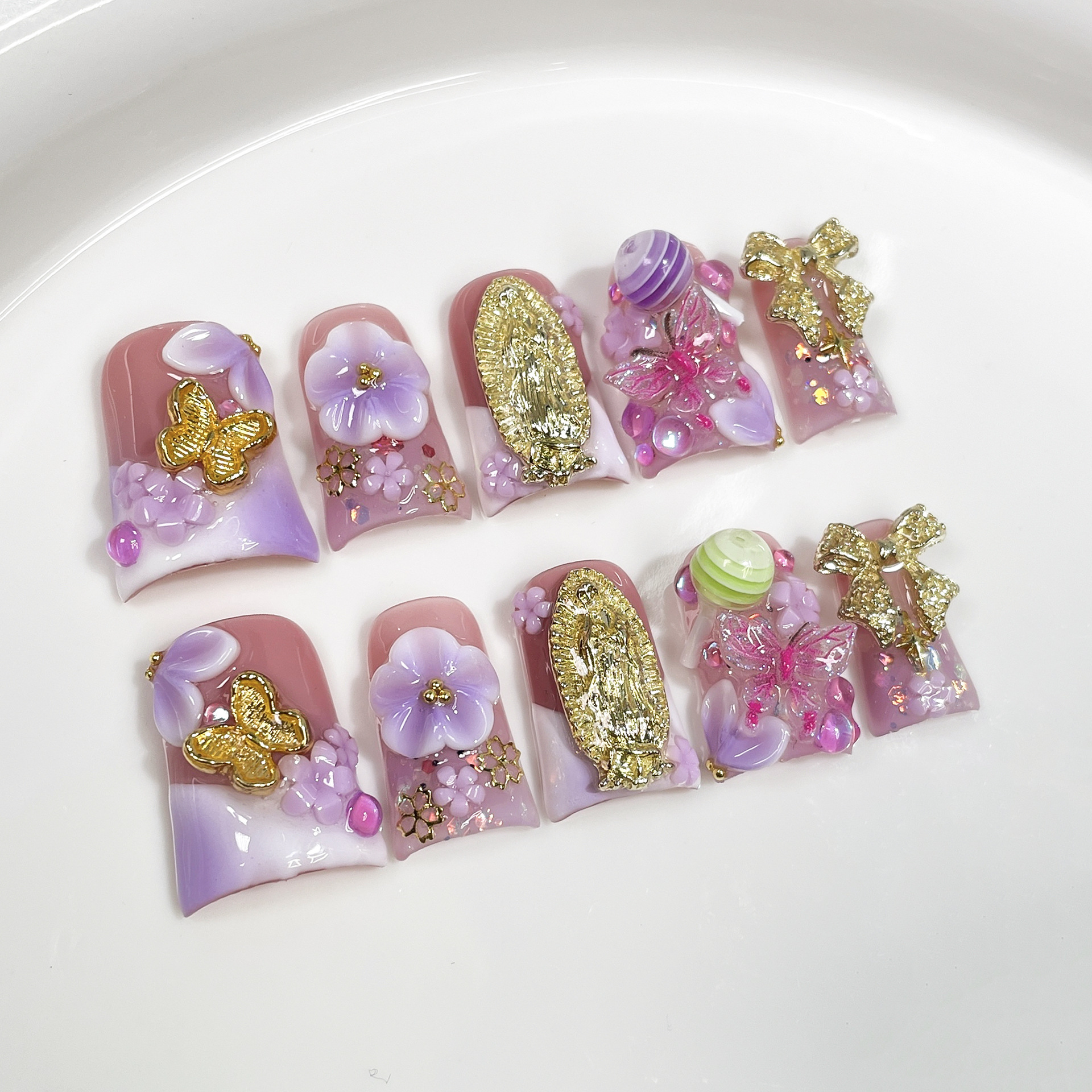10pcs Ocean Style Fake Nails D - Pressed Flower Art ulasan dan harga